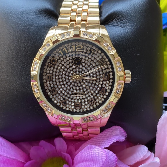 NEW* MEN GOLD BIG FACE CLASSY ICY WATCH CUBAN - Picture 3 of 7